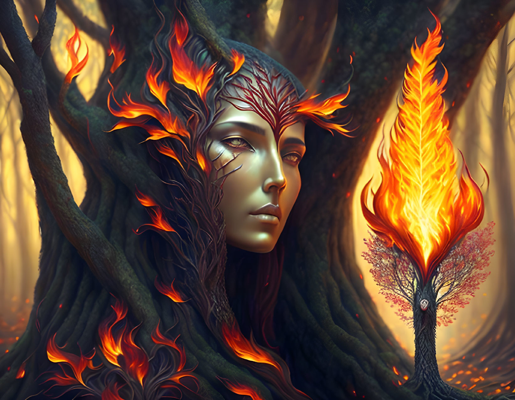 Humanoid tree with fiery leaves and glowing flames in autumn forest.