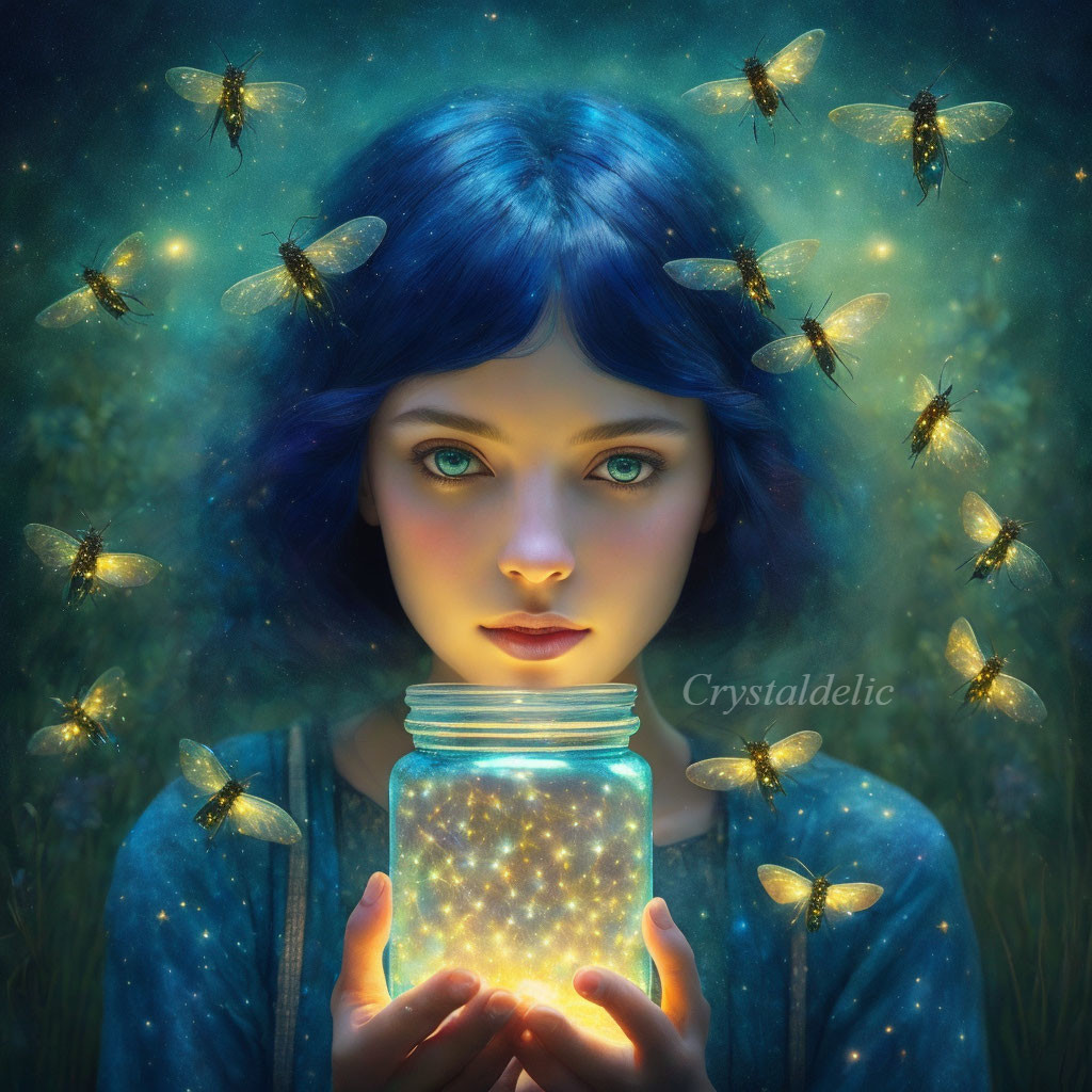 Blue-haired woman with glowing jar surrounded by fireflies