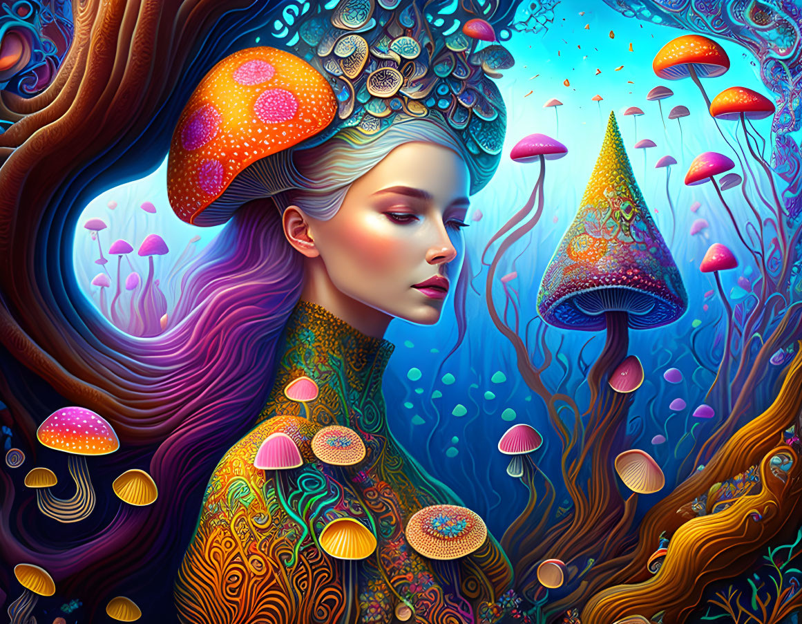 Colorful illustration: Woman with mushroom and tree elements in hair, forest backdrop