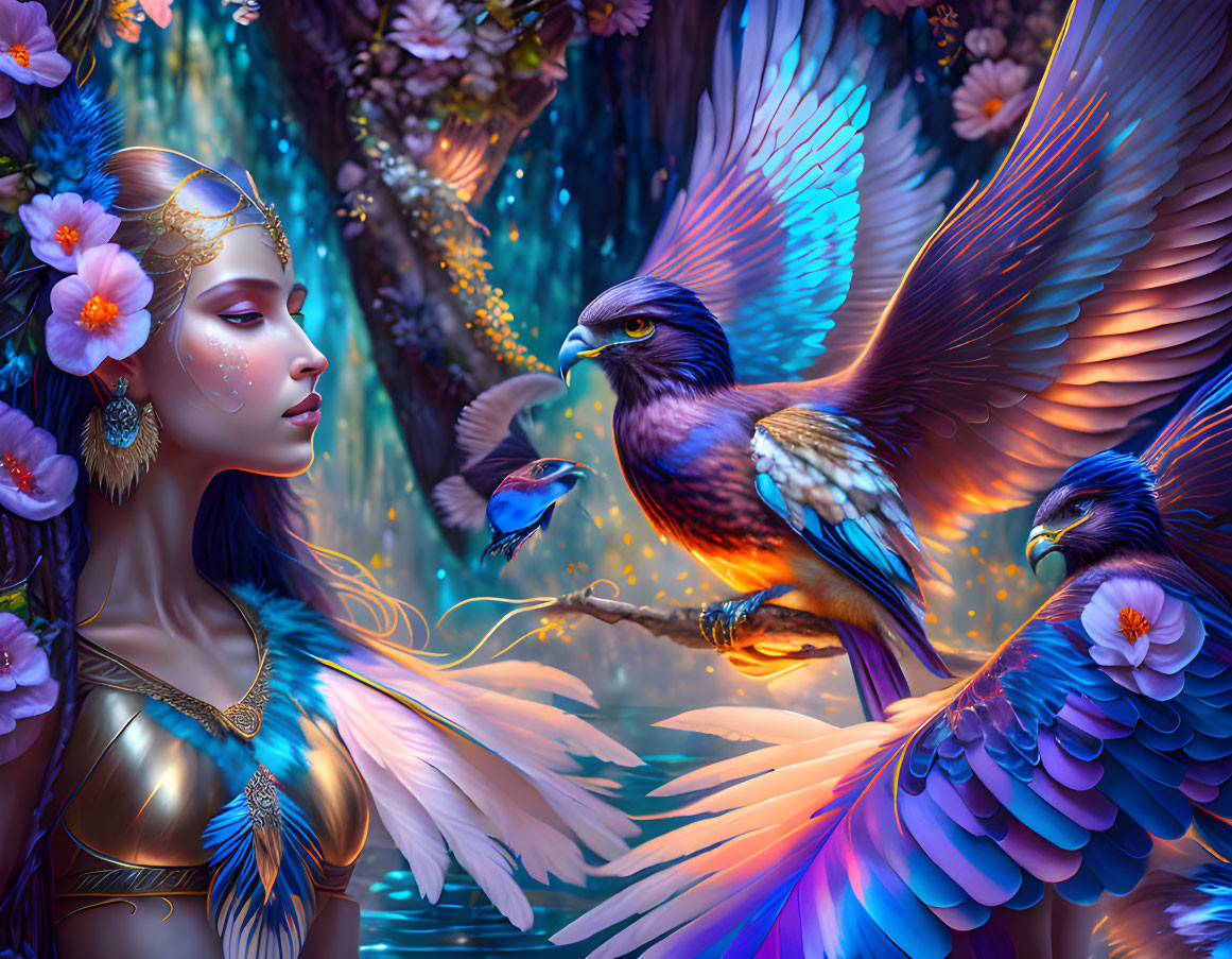 Fantasy illustration of woman with golden jewelry and colorful birds in floral setting