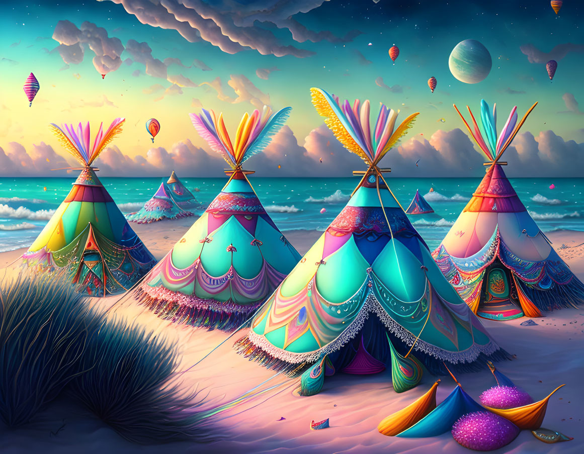 Vibrant teepees on beach with hot air balloons, seascape, and planets at dusk