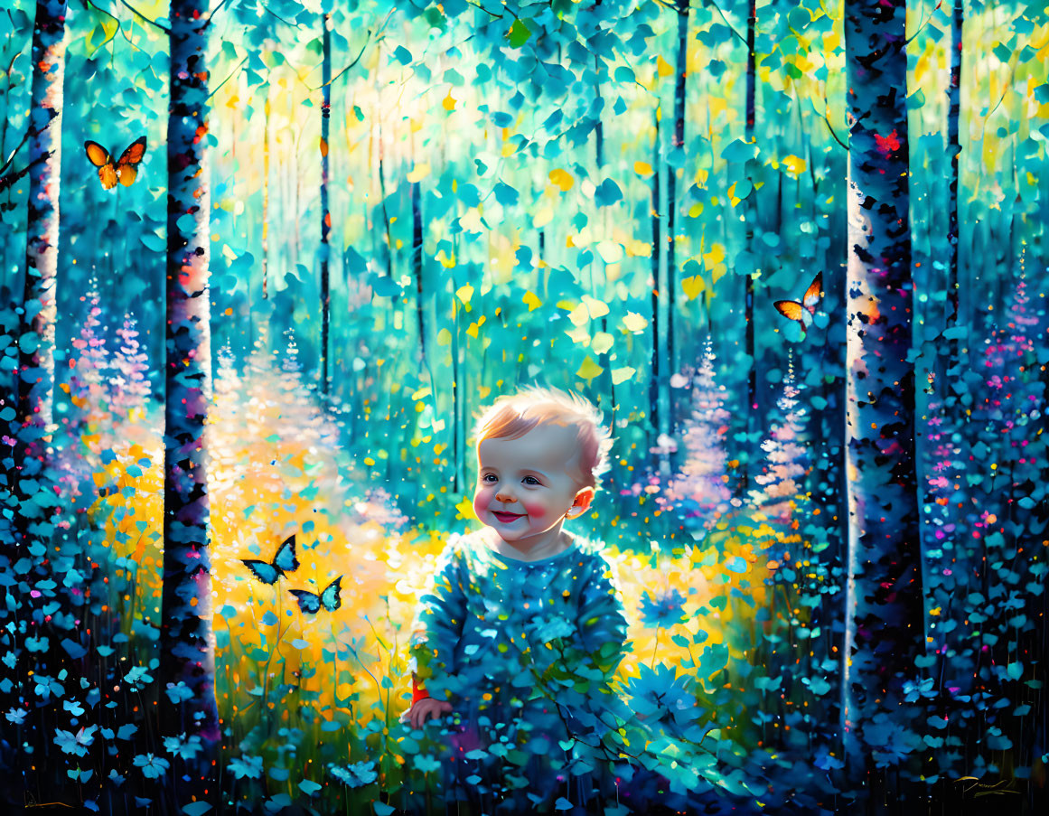 Joyful Toddler in Vibrant Forest with Colorful Butterflies