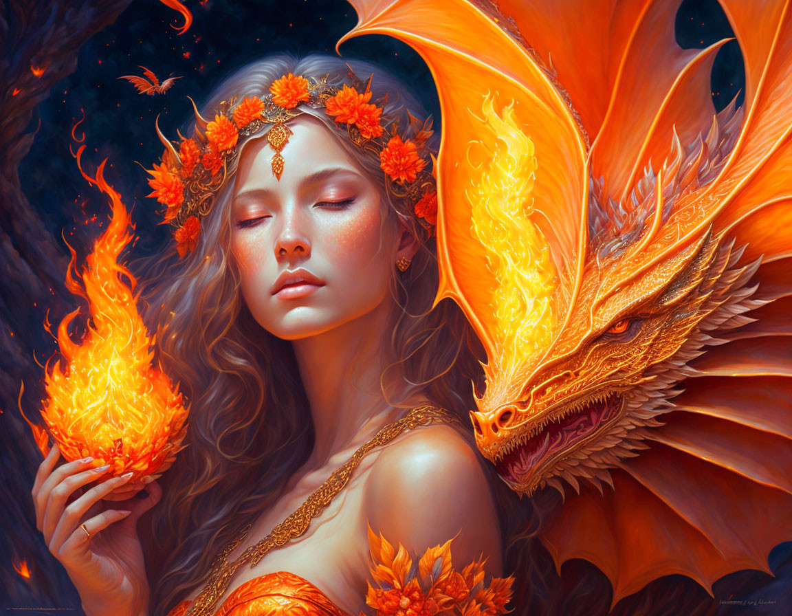 Woman with floral adornments holding fireball next to orange dragon in starry setting