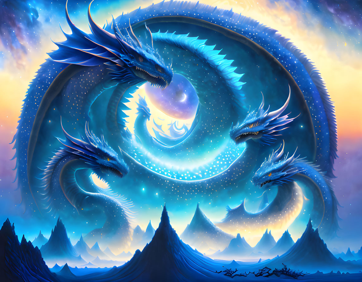 Fantasy illustration of blue dragons circling a moon over mountains