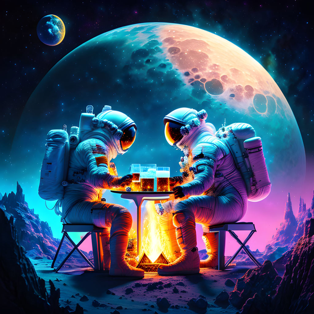 Astronauts playing chess on alien planet with moon and stars.