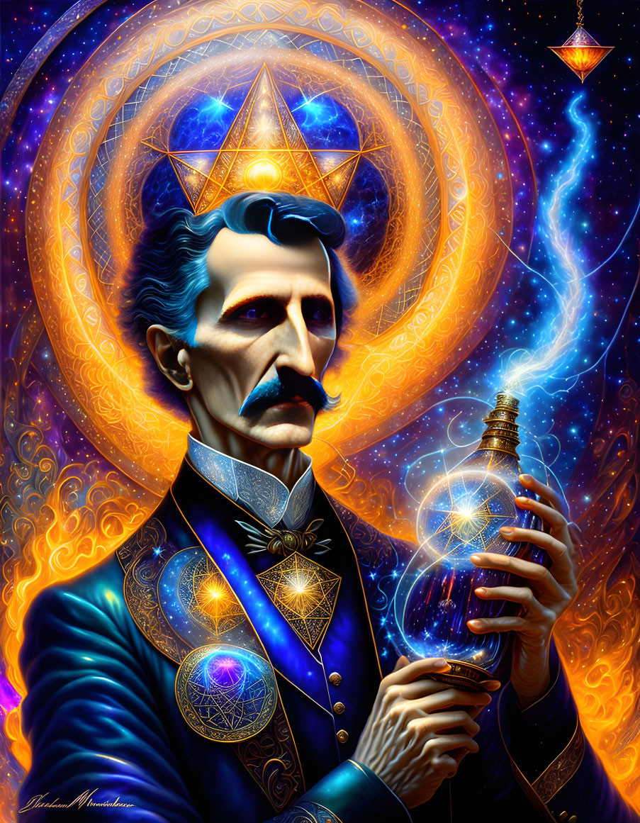 Illustrated portrait of a man with iconic mustache and glowing bulb amid cosmic and geometric symbols