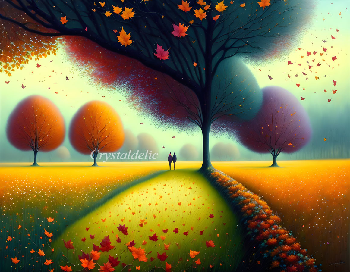 Colorful painting of people walking under tree canopy in surreal landscape