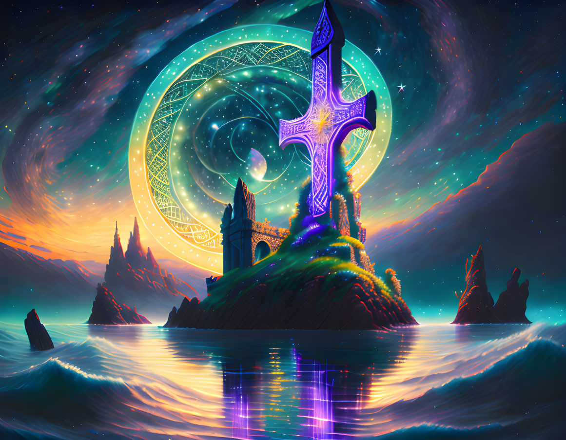 Glowing sword monument in cosmic landscape with starry night island