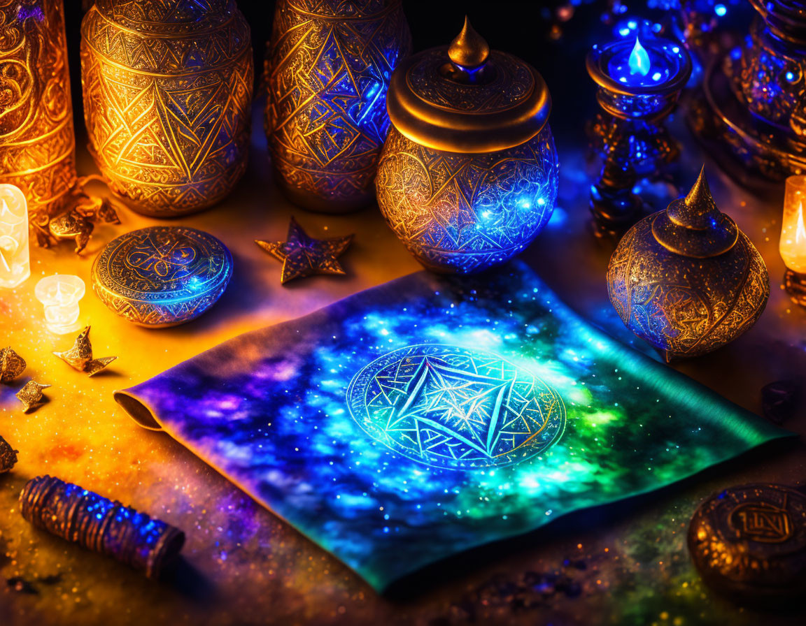 Ornate lamps, candles, and mystical book with celestial pattern