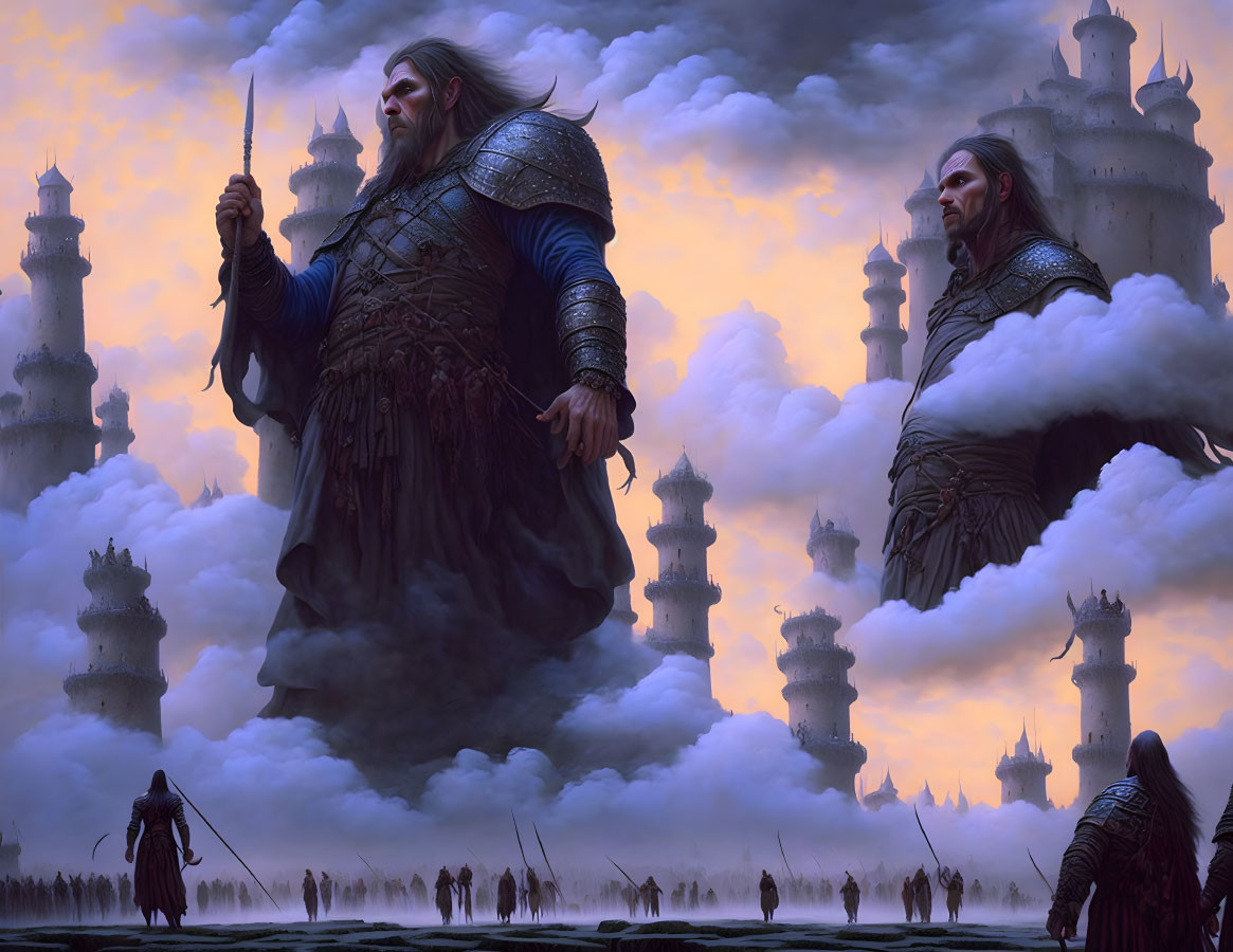 Fantasy landscape featuring towering castles, warriors, and marching figures