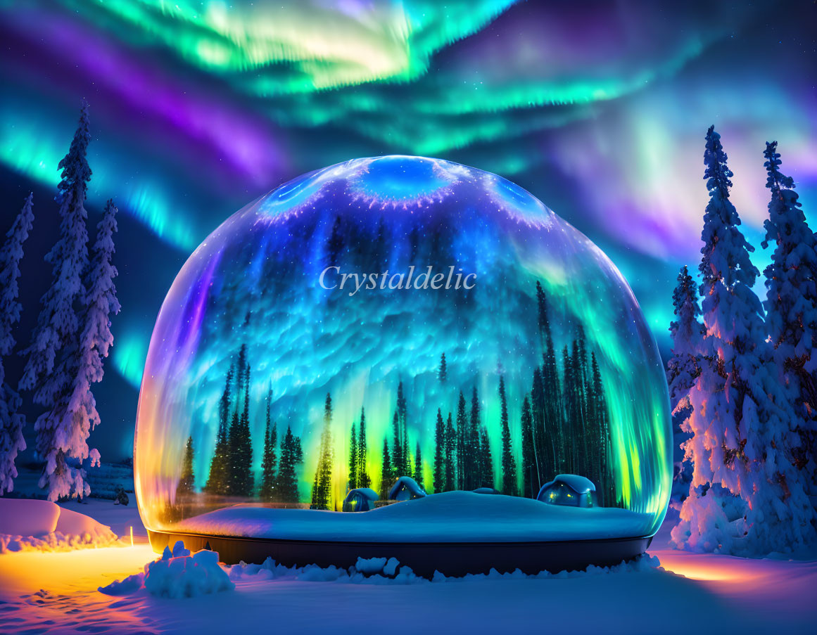 Vivid aurora borealis above snow landscape in glowing dome with "Crystaldelic