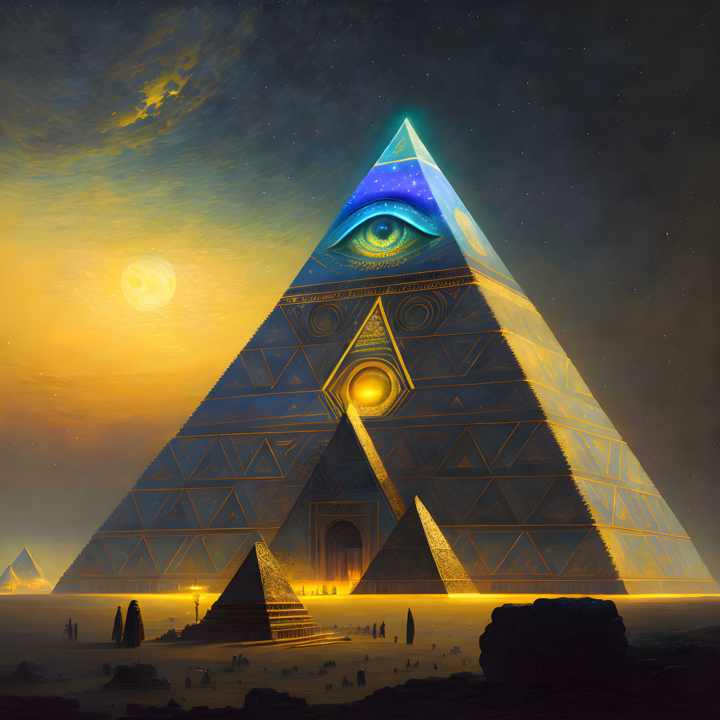 Giant illuminated eye on surreal pyramid under two suns