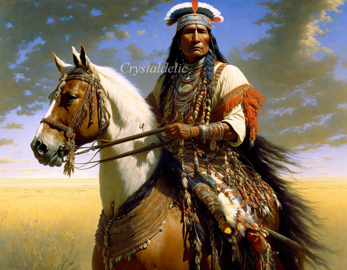 Native American in traditional attire on decorated horse in grassland