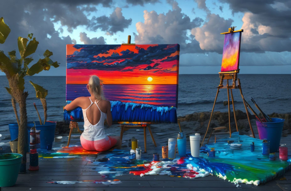 Artist painting vibrant sunset on pier with ocean background