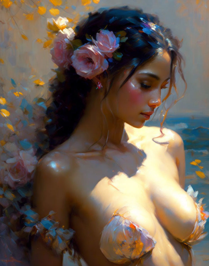 Woman with Flowers in Hair Covered in Translucent Fabric in Soft Light