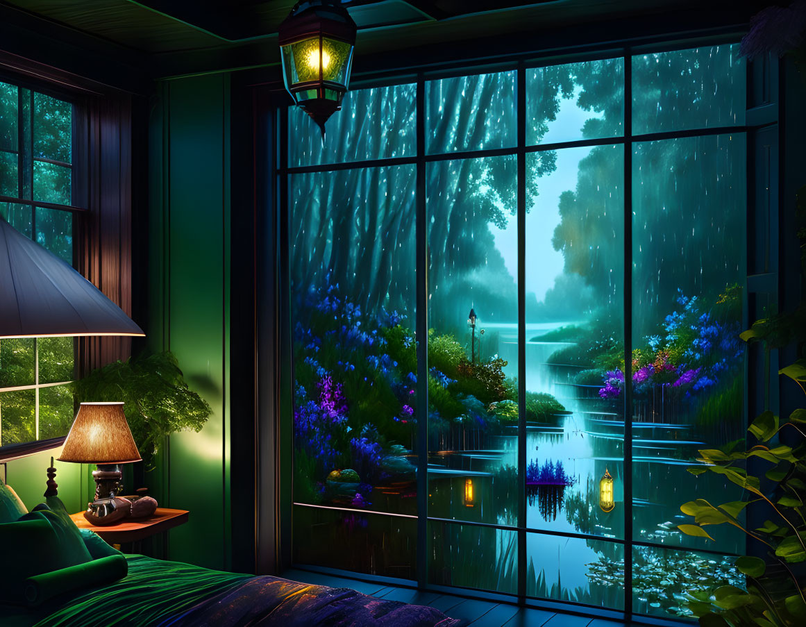 Tranquil bedroom interior with night view of lake and flowers