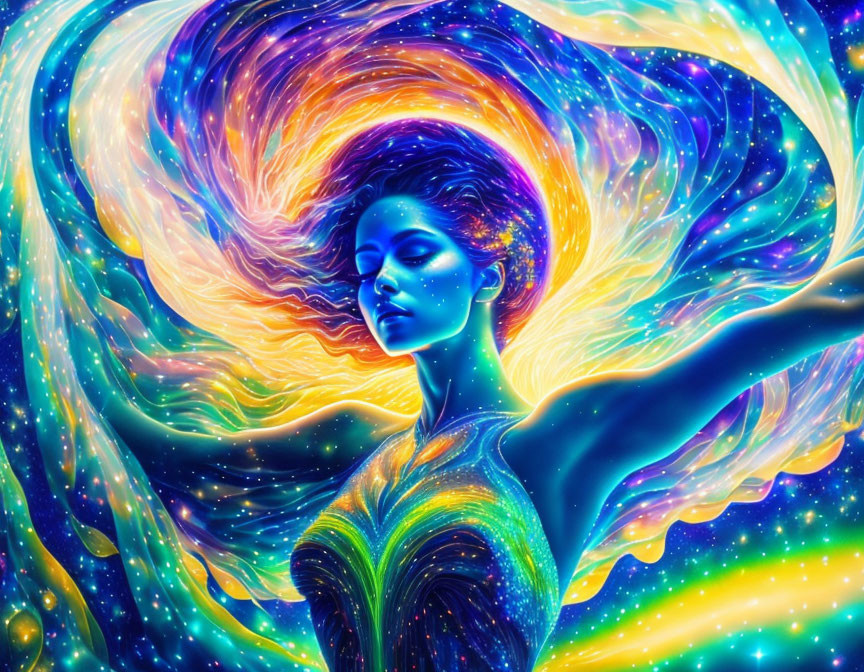 Colorful cosmic scene with woman and swirling stars