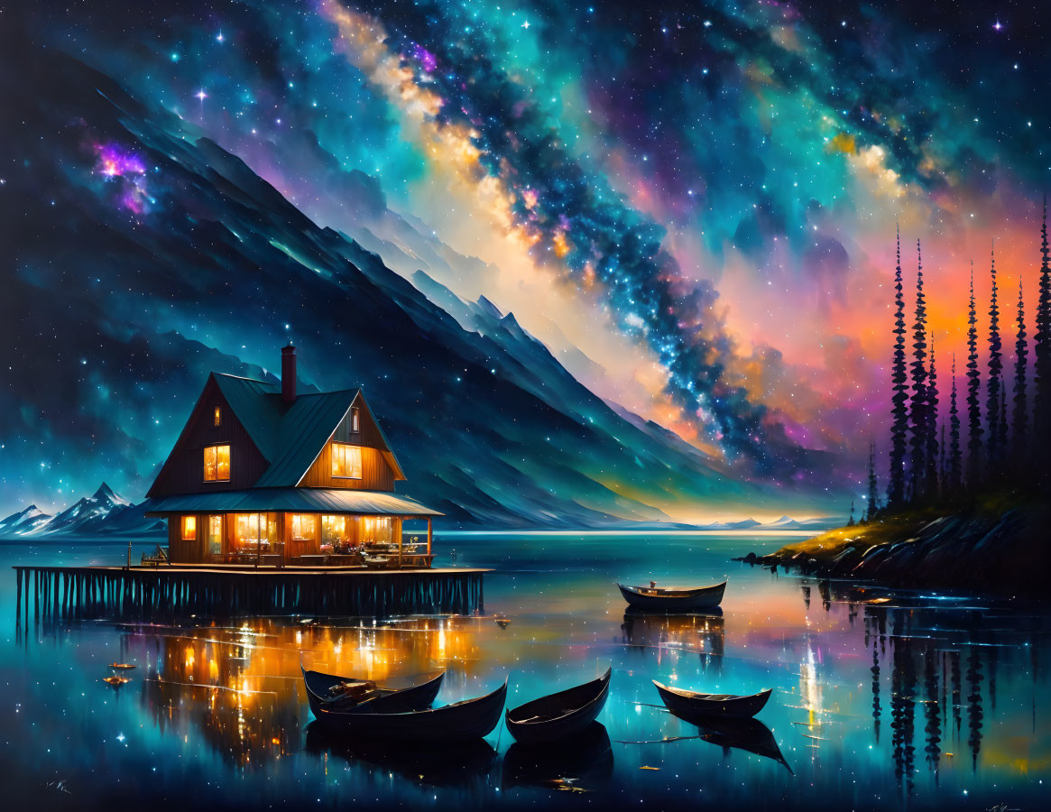 Serene lakeside house under starry sky with auroras