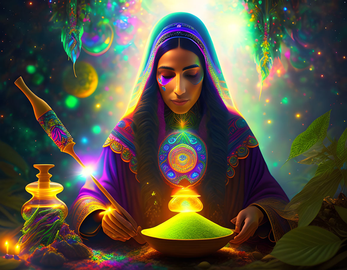 Colorful Headscarf Woman Contemplating Glowing Bowl in Cosmic Scene