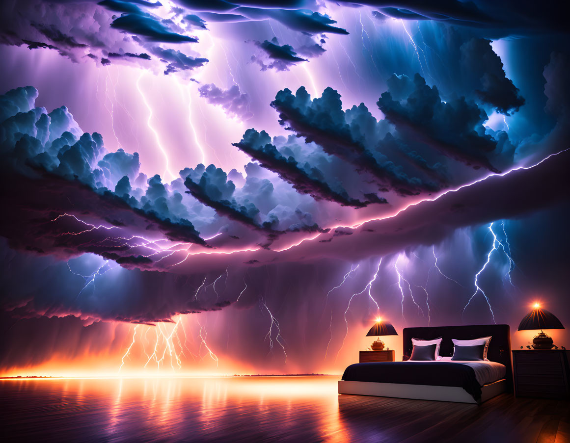 Surreal bedroom with bed and side tables in thunderstorm backdrop