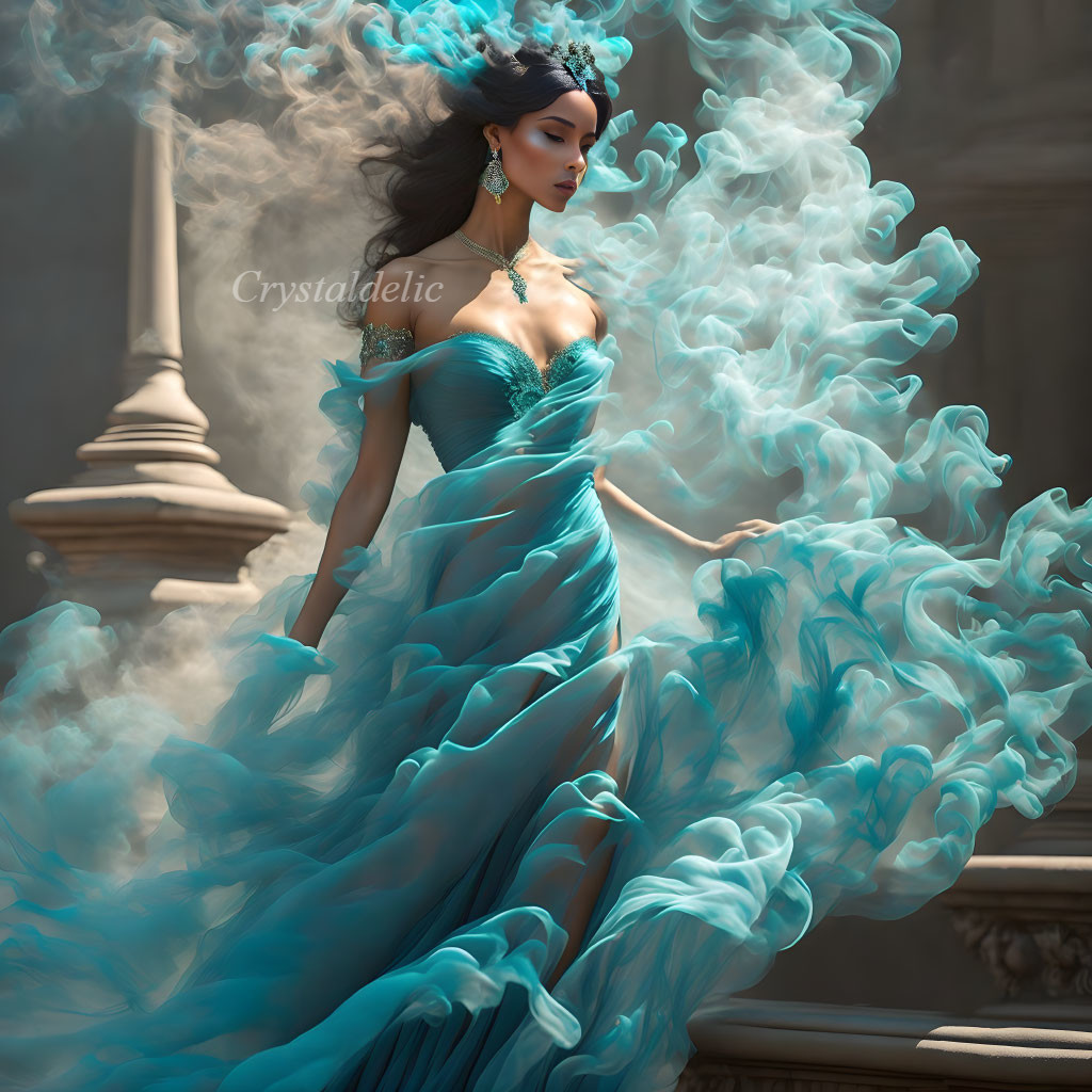 Mystical aura: Elegant woman in flowing blue dress with smoke-like textures