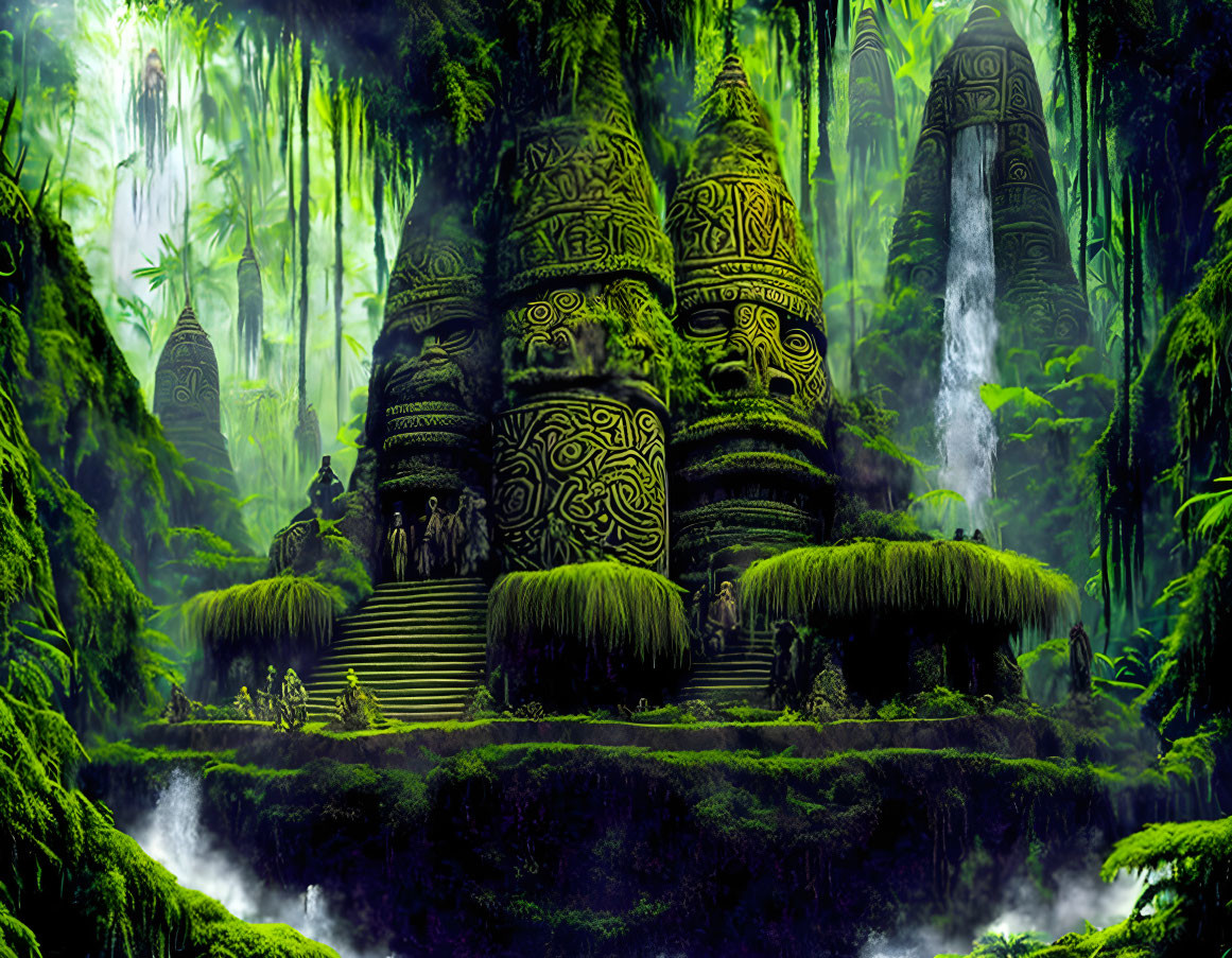 Ancient temples with intricate designs in lush jungle setting