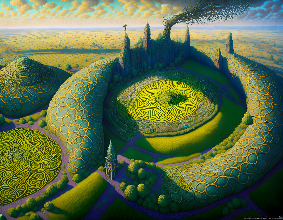 Colorful digital artwork: Fantasy landscape with green hills, maze-like structure, whimsical trees, and