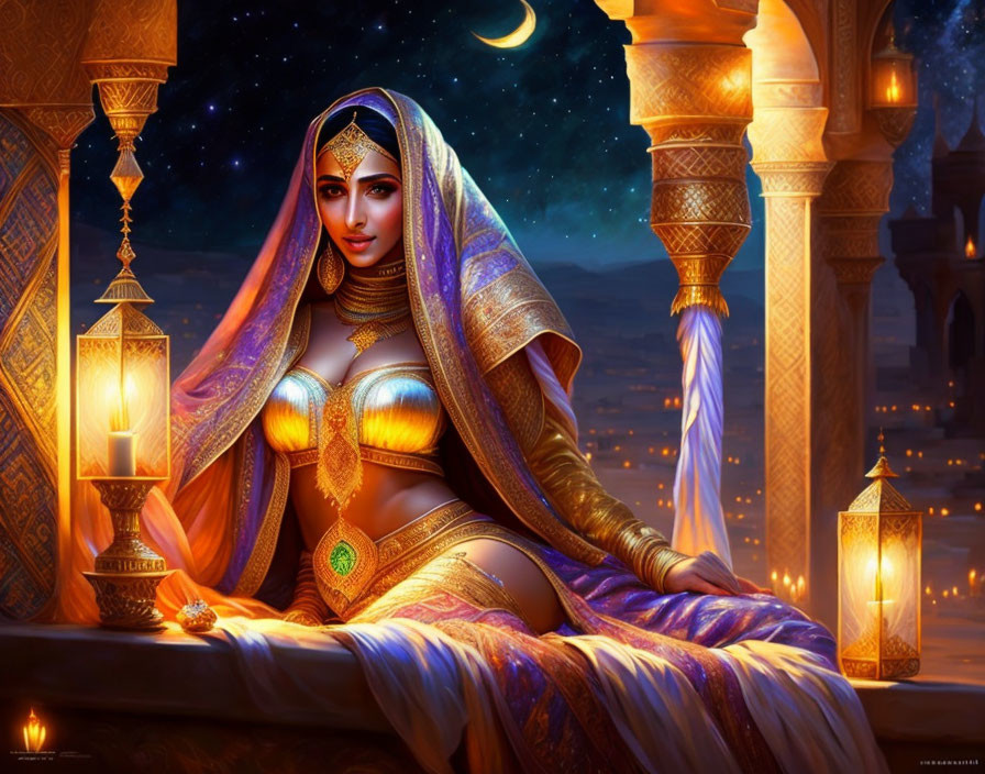 Illustrated woman in ornate attire reclining by lantern and crescent moon amidst Middle Eastern architecture.