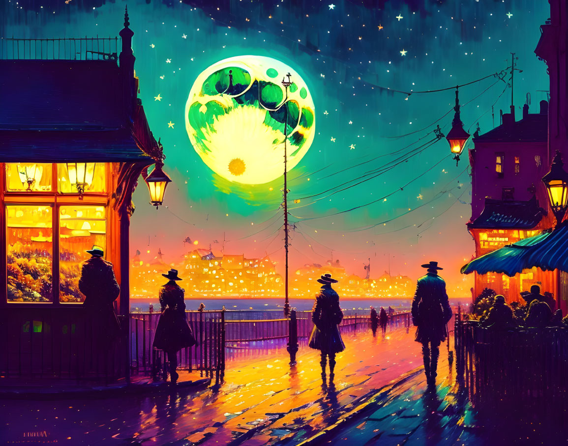 Colorful artwork: silhouetted figures on street at night with whimsical moon.