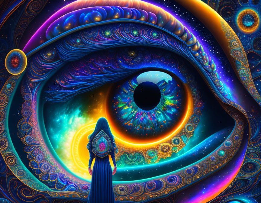 Person in Blue Robe Standing before Cosmic Eye and Psychedelic Patterns