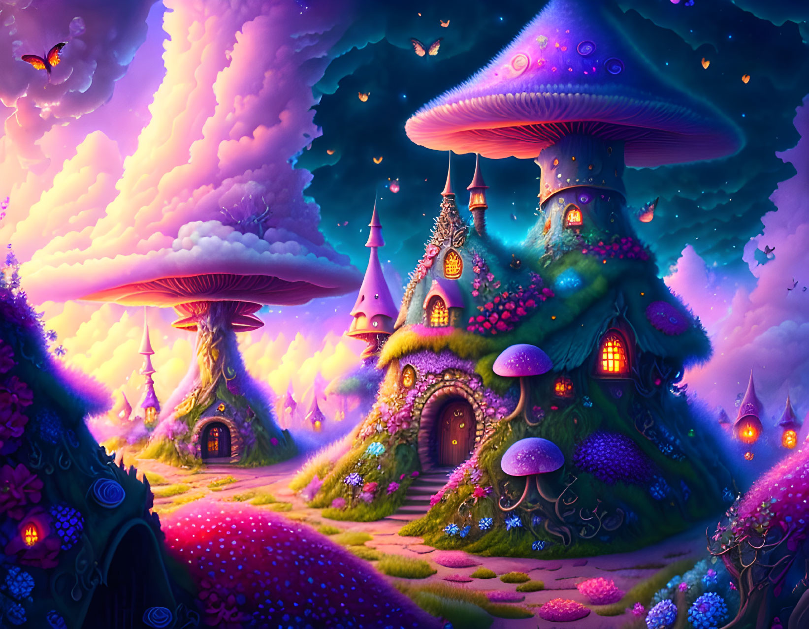 Fantasy landscape with oversized mushrooms, whimsical houses, glowing plants