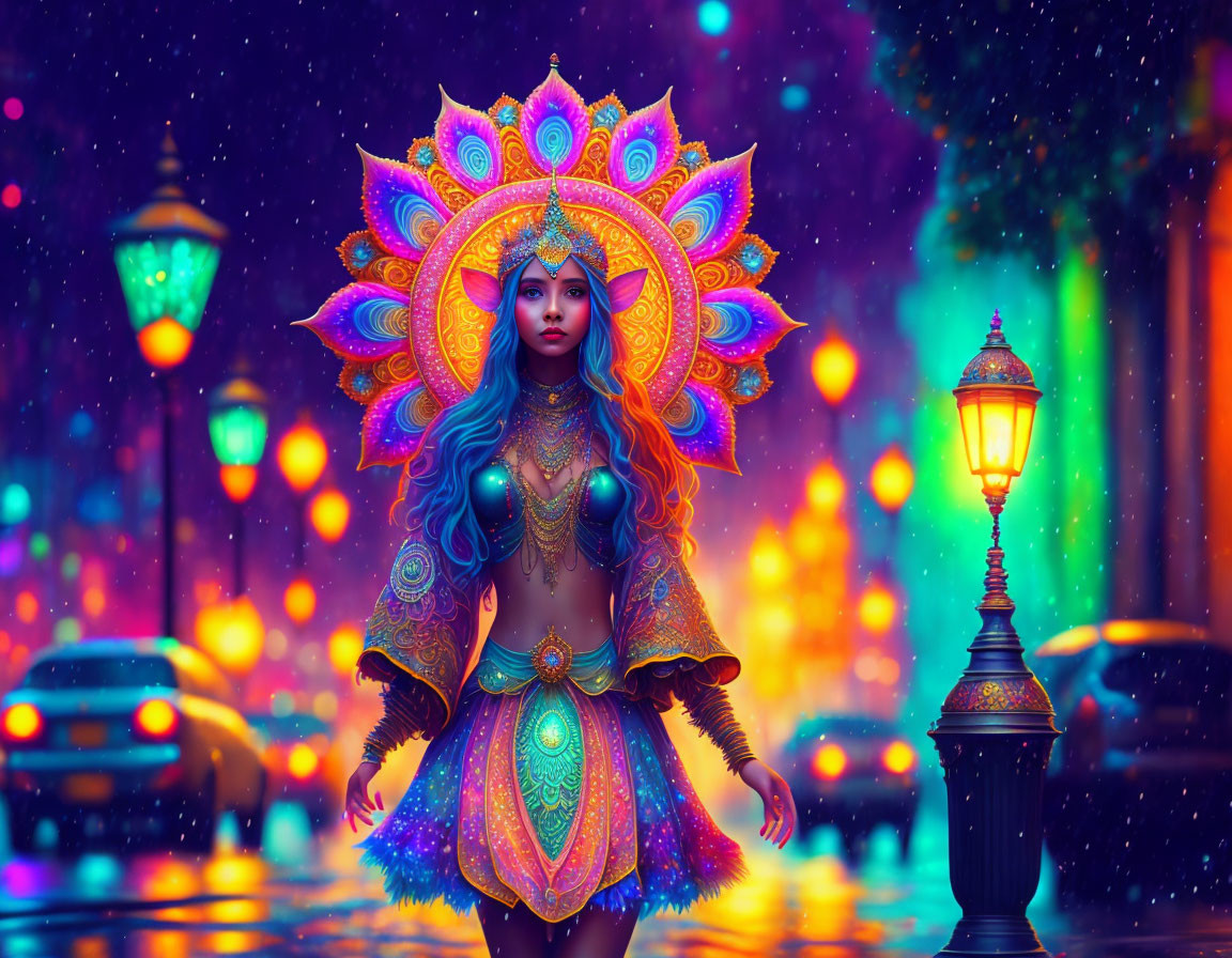 Colorful artwork of a woman with blue skin in mystical attire on neon-lit street