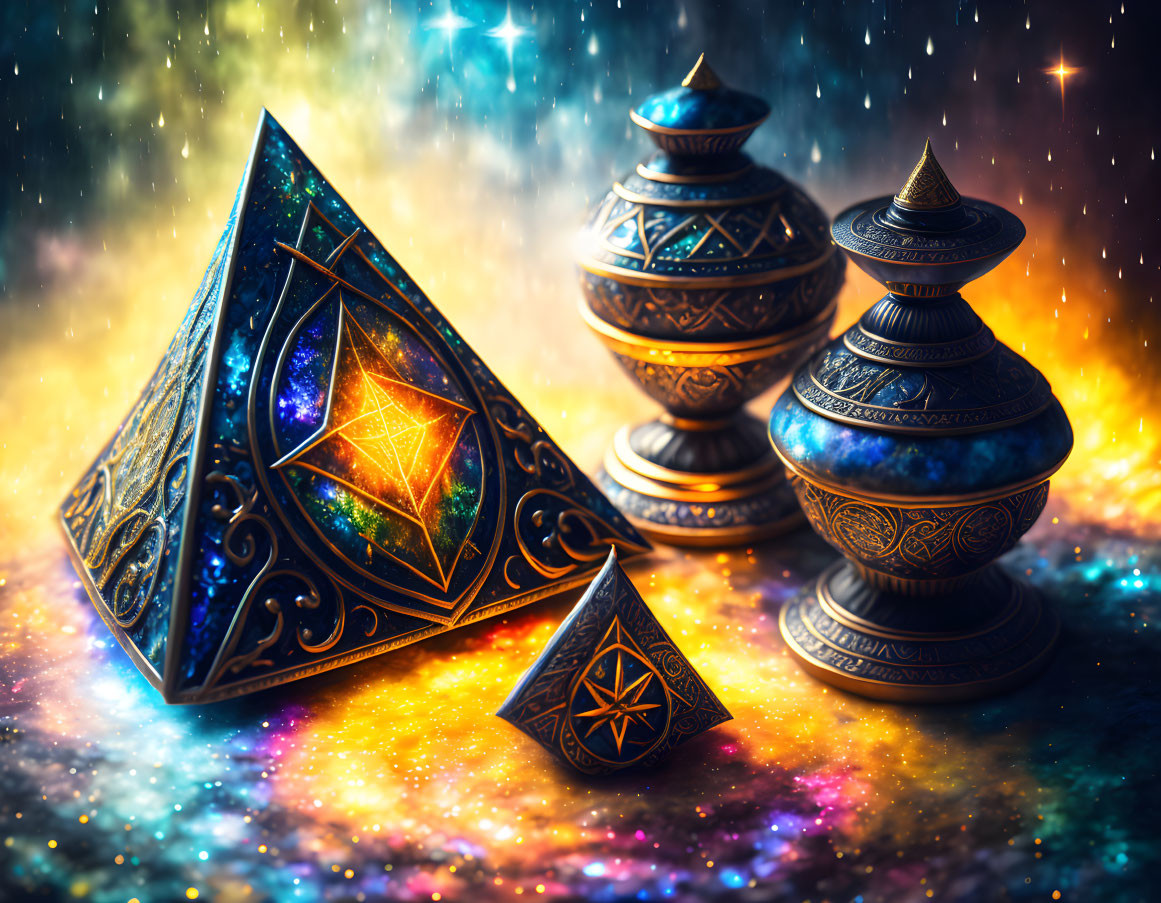 Intricate Cosmic-Themed Boxes Against Star-Filled Nebula