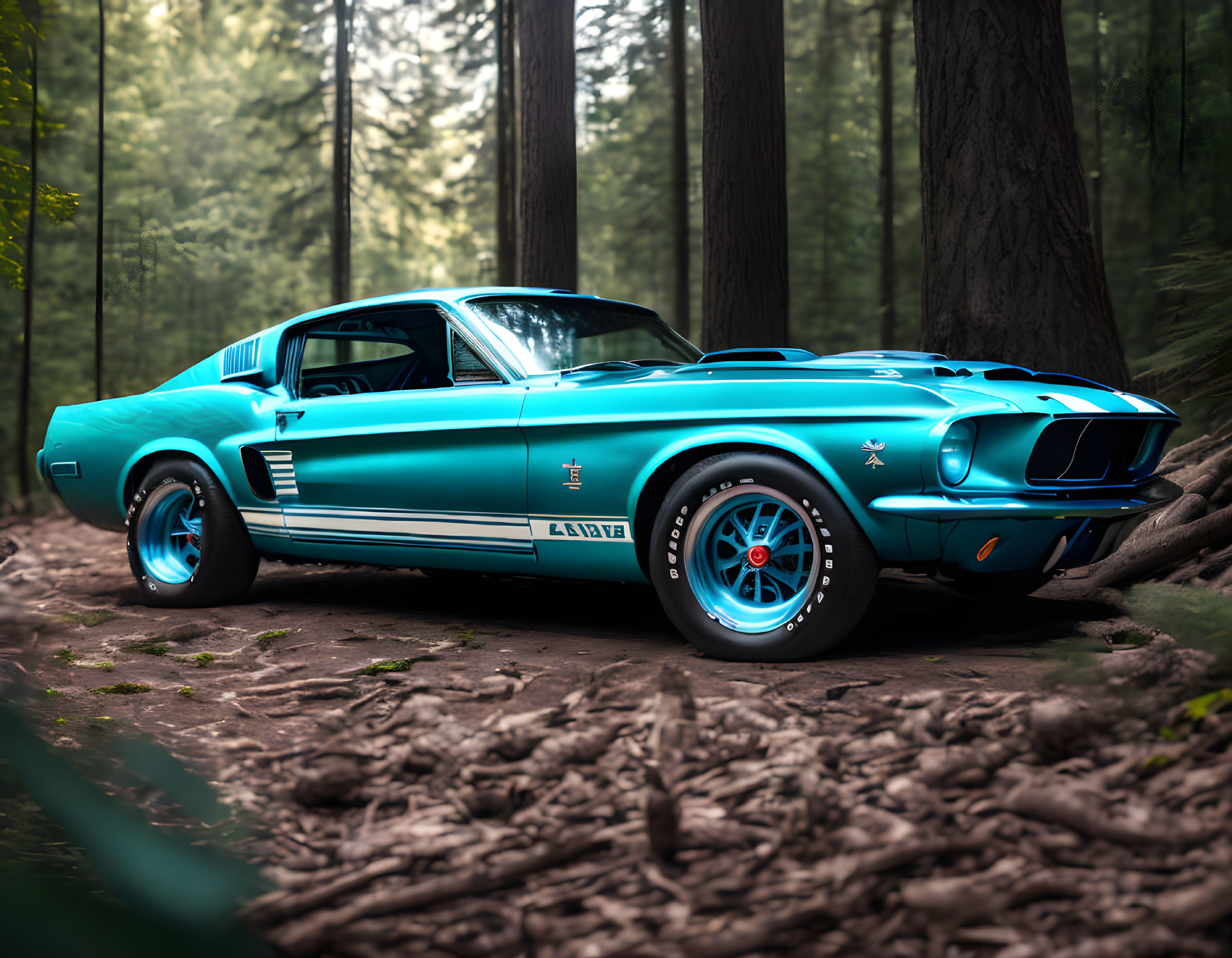 Blue Mustang with White Racing Stripes in Serene Forest Setting