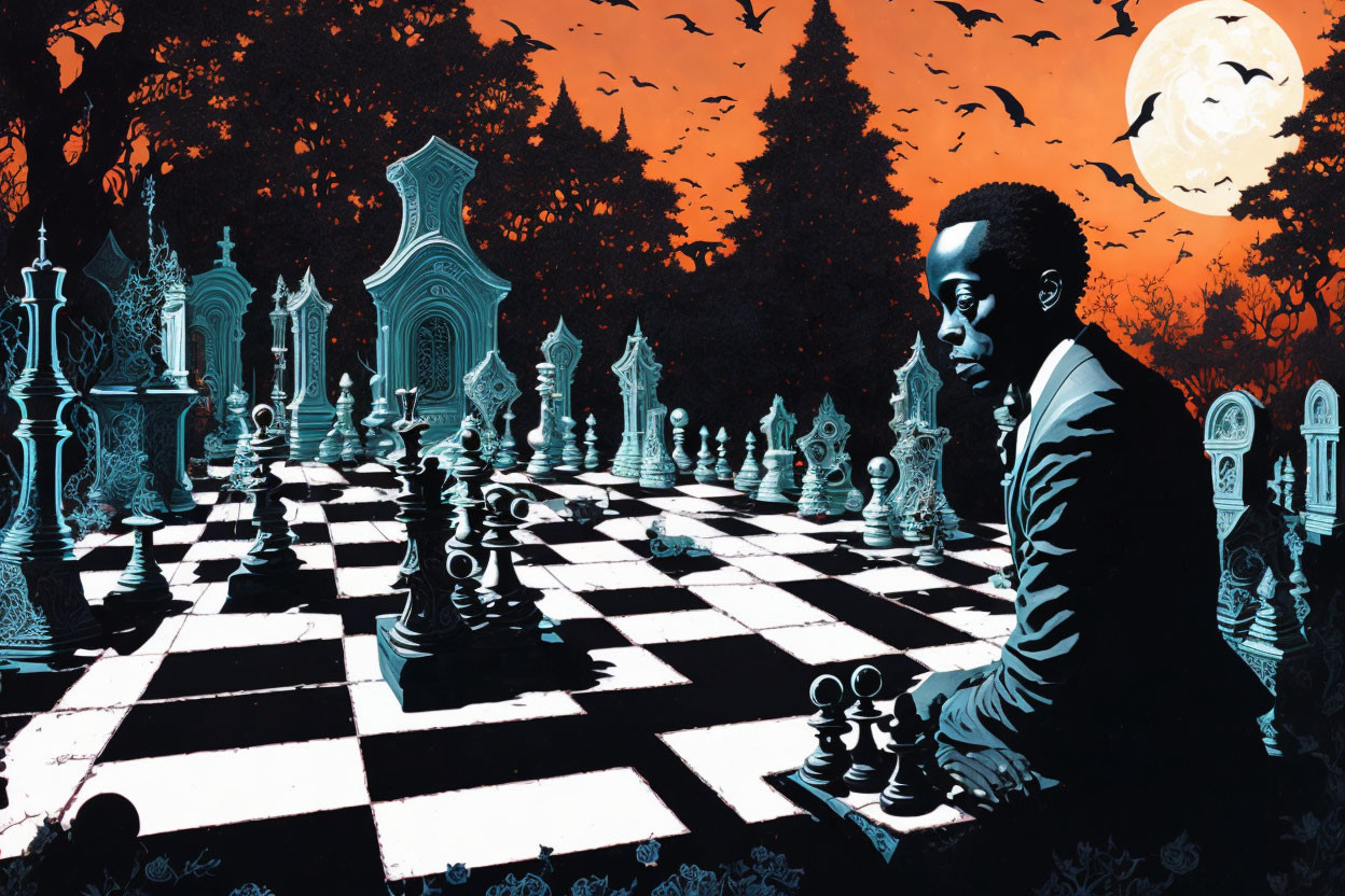 Person standing by giant chessboard in surreal graveyard with full moon and flying birds