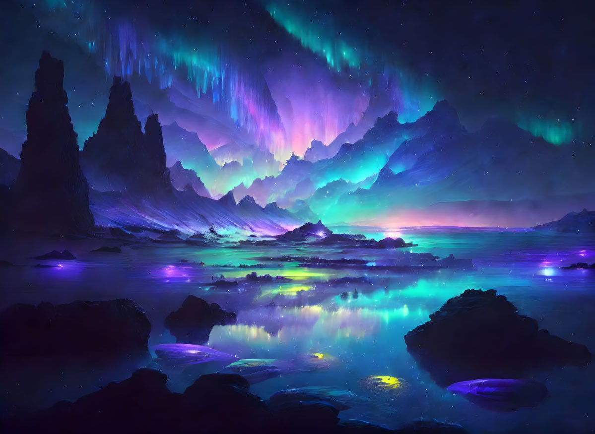 Alien Landscape with Luminous Auroras and Jagged Peaks