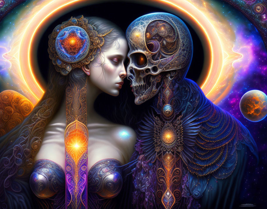 Fantasy art: Woman in ornate headgear gazes at skull figure in cosmic setting