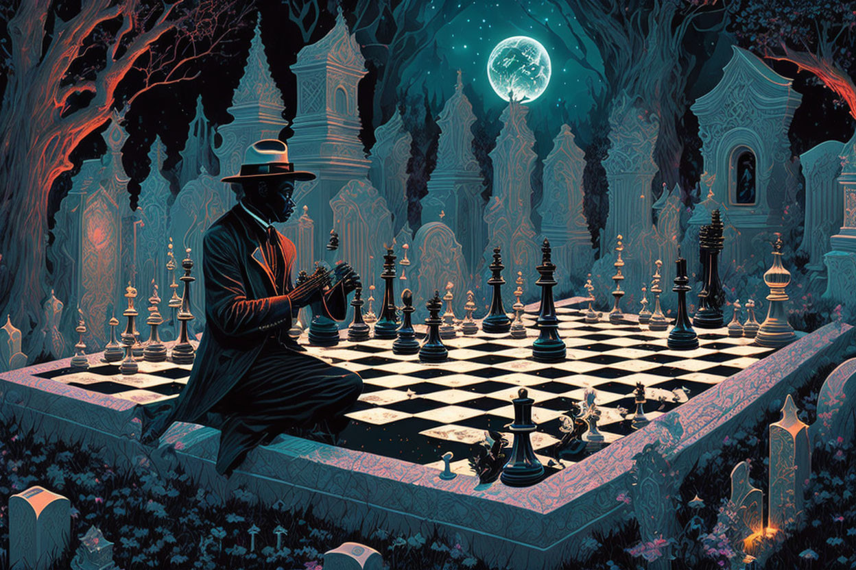 Person in hat gazes at giant chessboard in mystical forest with archways and full moon.