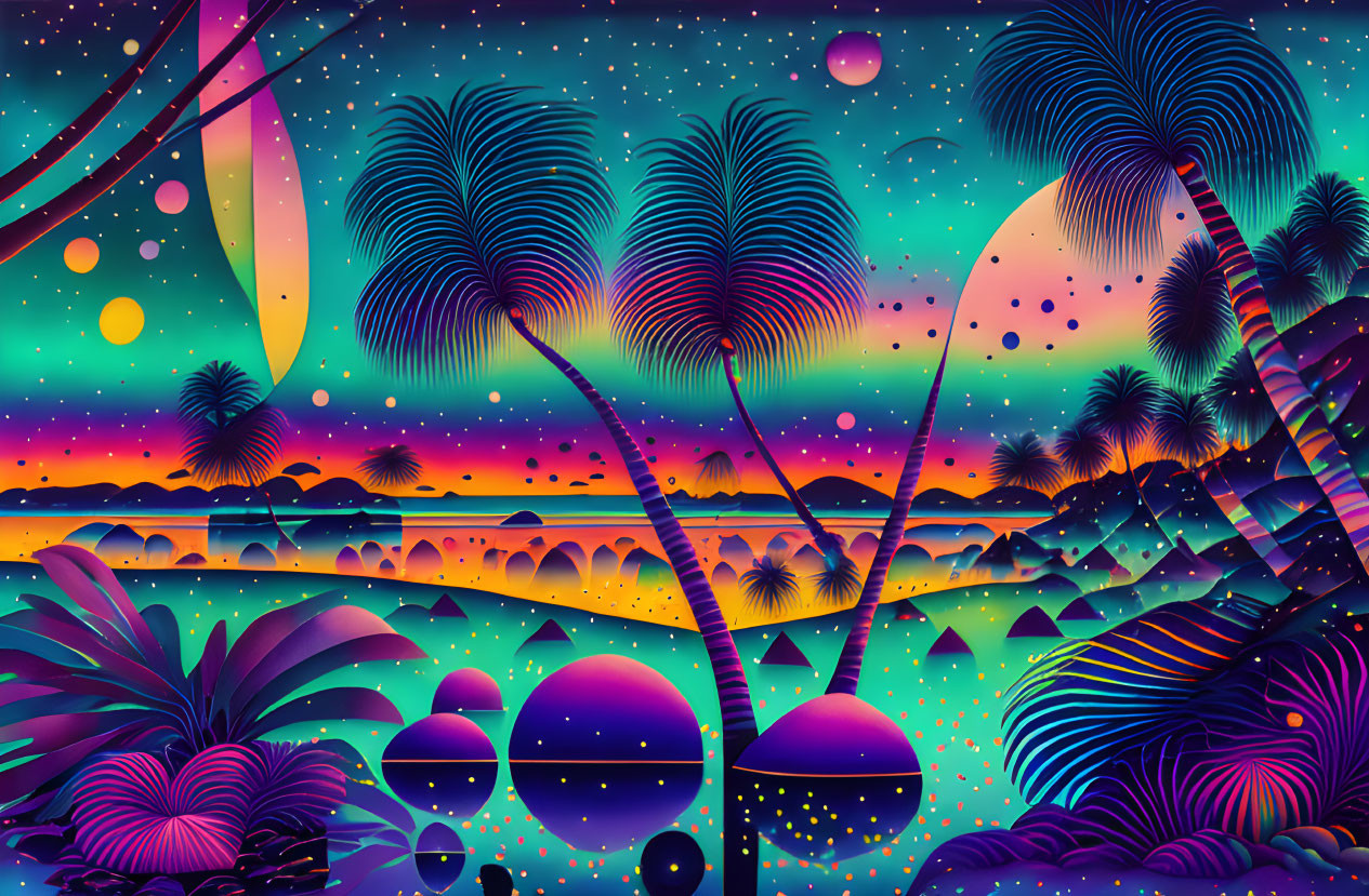 Neon-colored digital artwork of tropical landscape