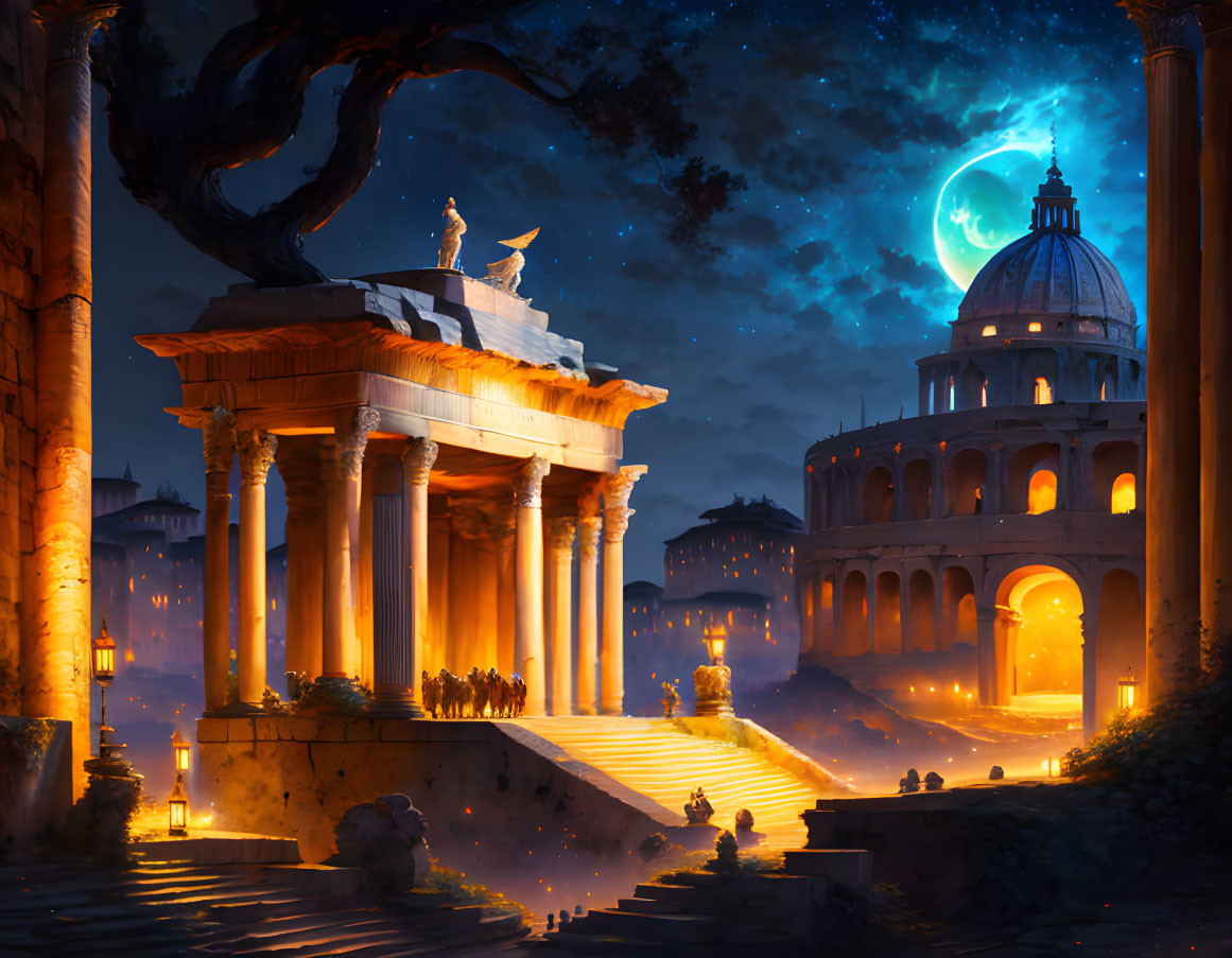 Ancient Roman night scene with illuminated buildings, crescent moon, and starry sky