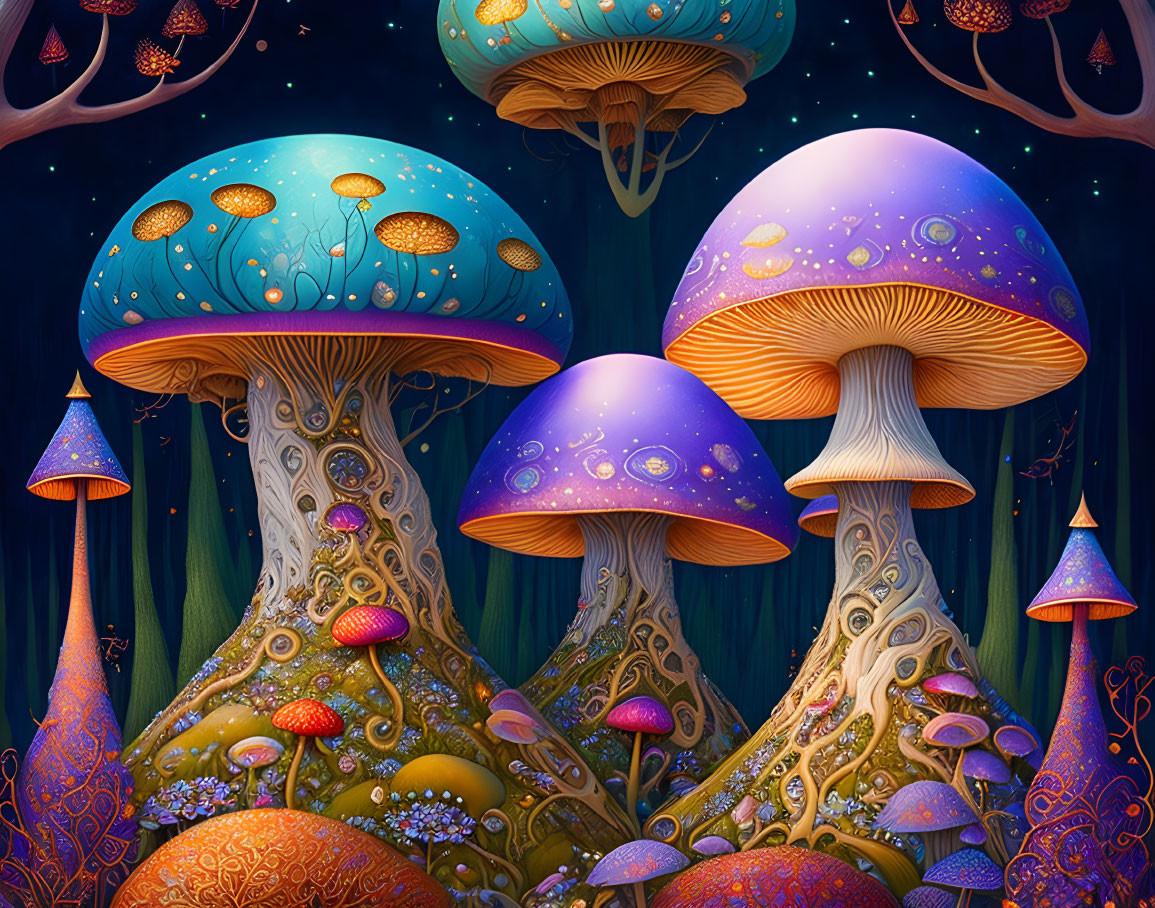 Colorful whimsical mushroom illustration in a nighttime forest.