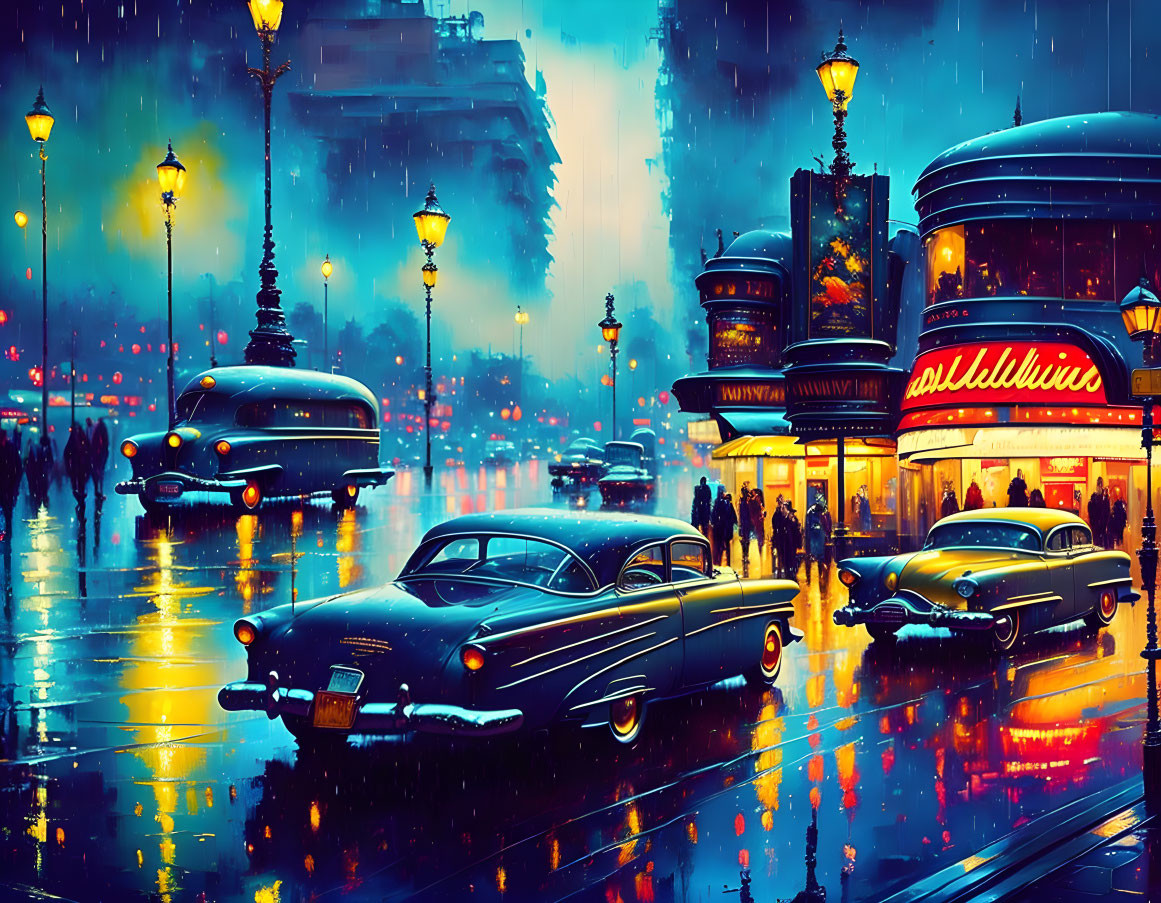 Neon-lit street scene with vintage cars and pedestrians