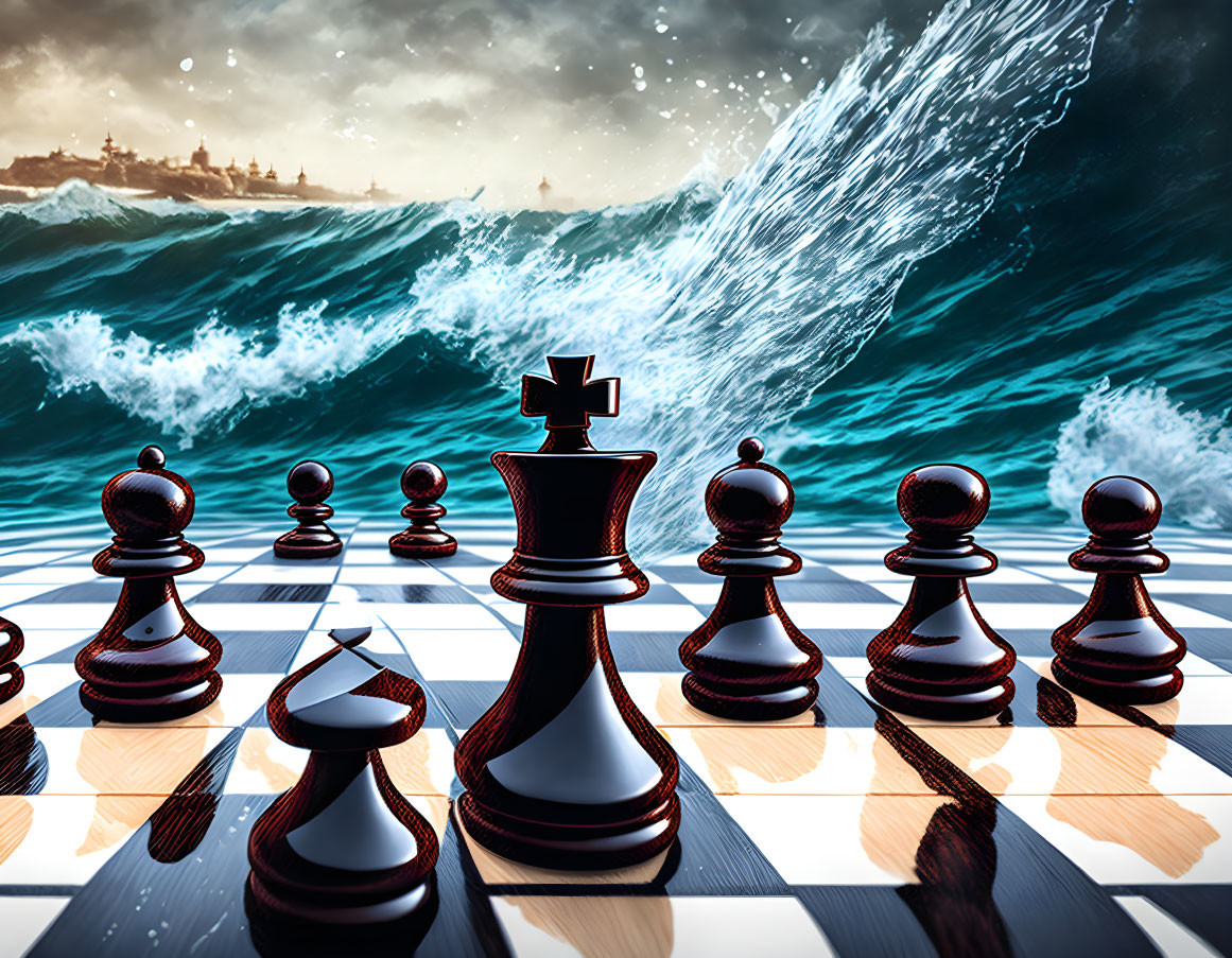 Chessboard with pieces against stormy sky and waves symbolizing strategic challenge