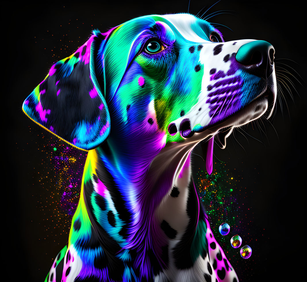 Colorful Dalmatian Artwork with Neon Splashes on Black Background ...