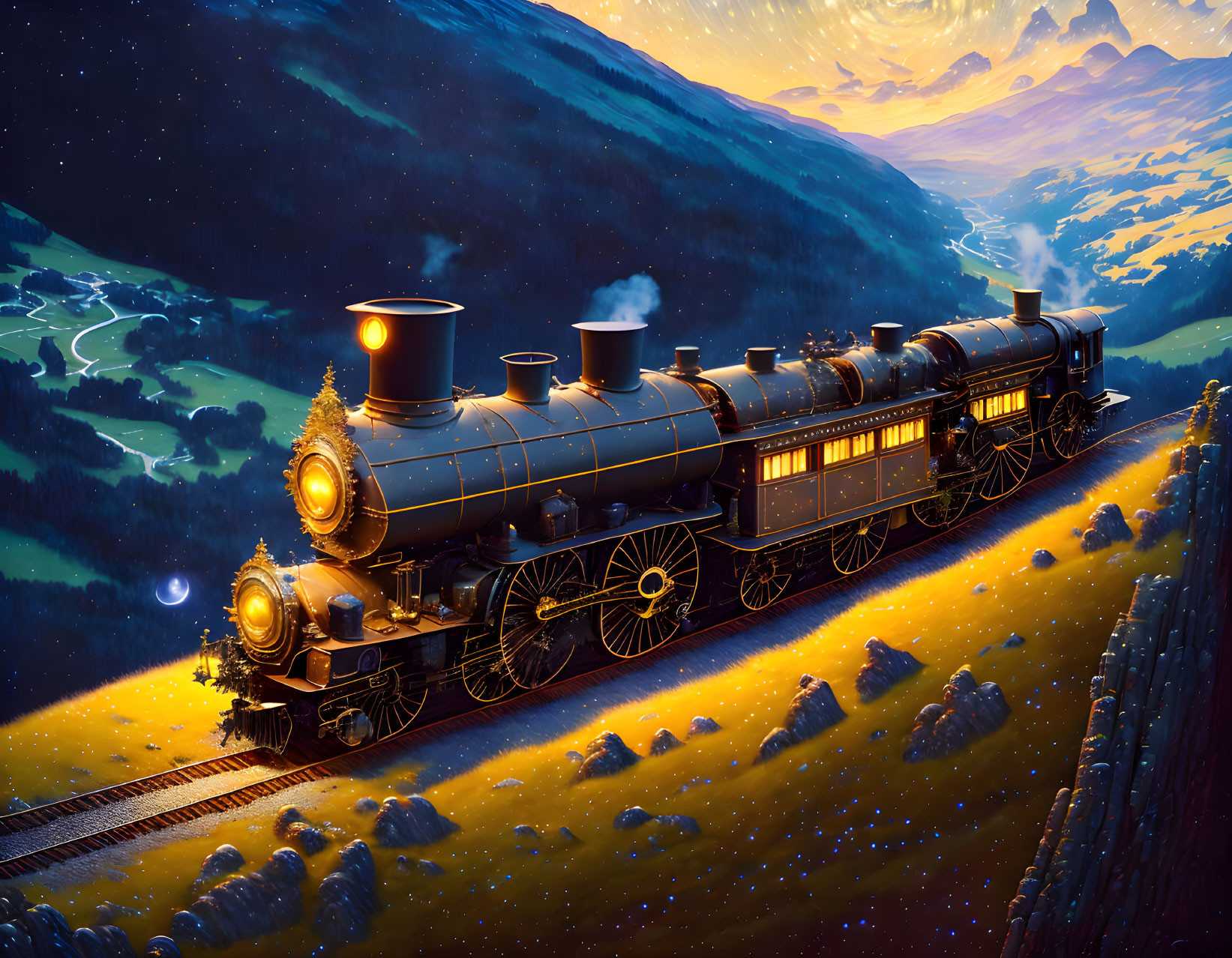 Ornate steam train night scene with starry skies