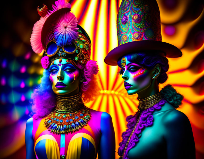 Colorful female performers with intricate headpieces on a psychedelic background