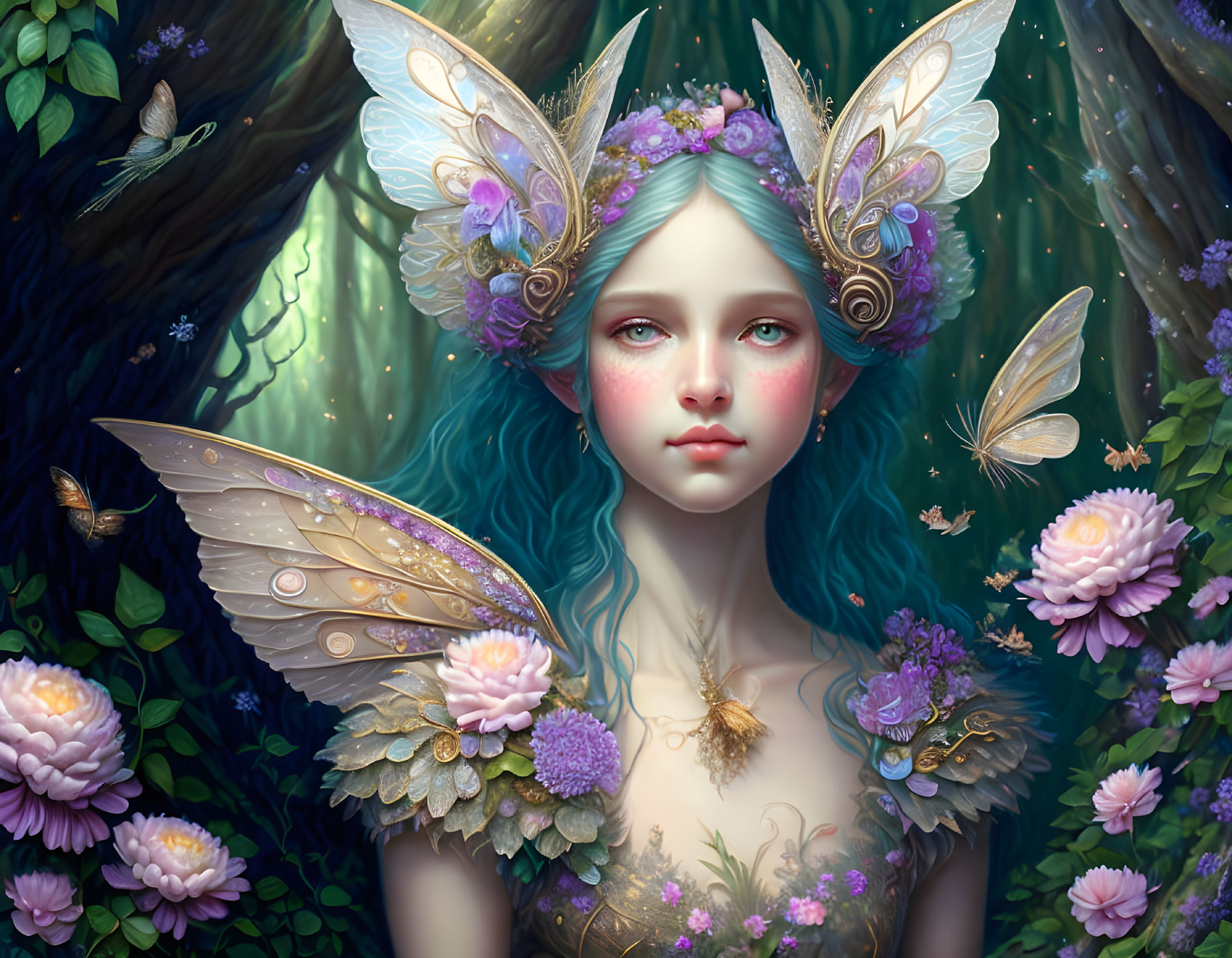 Fantasy illustration of female figure with butterfly wings in enchanted forest