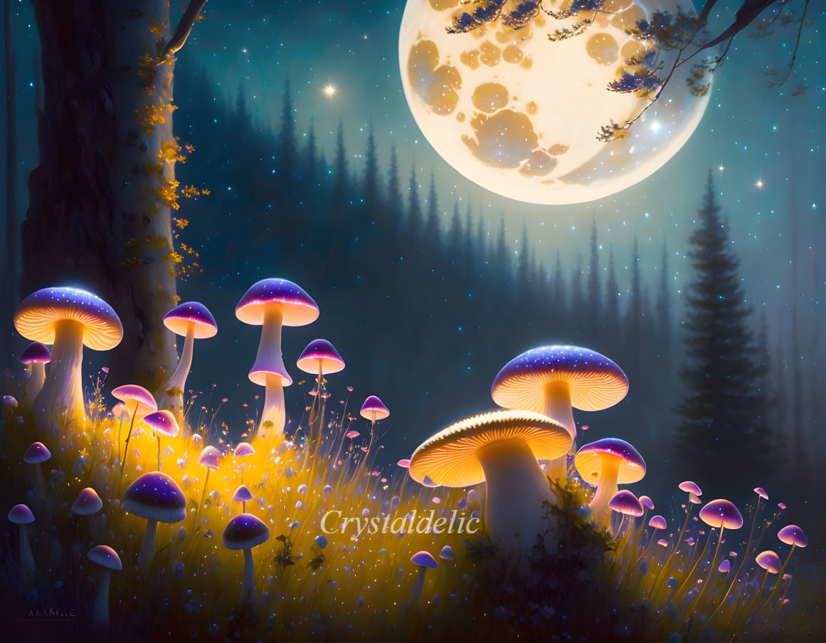 Fantasy landscape with glowing mushrooms, large moon, dark forest, starry sky - "Cryst