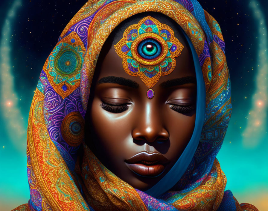 Digital artwork: Woman with vibrant headscarf & decorated forehead against starry night.