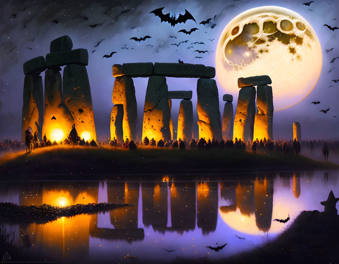 Stonehenge Night Scene with Moon, Bats, Halloween Decor, and Reflection